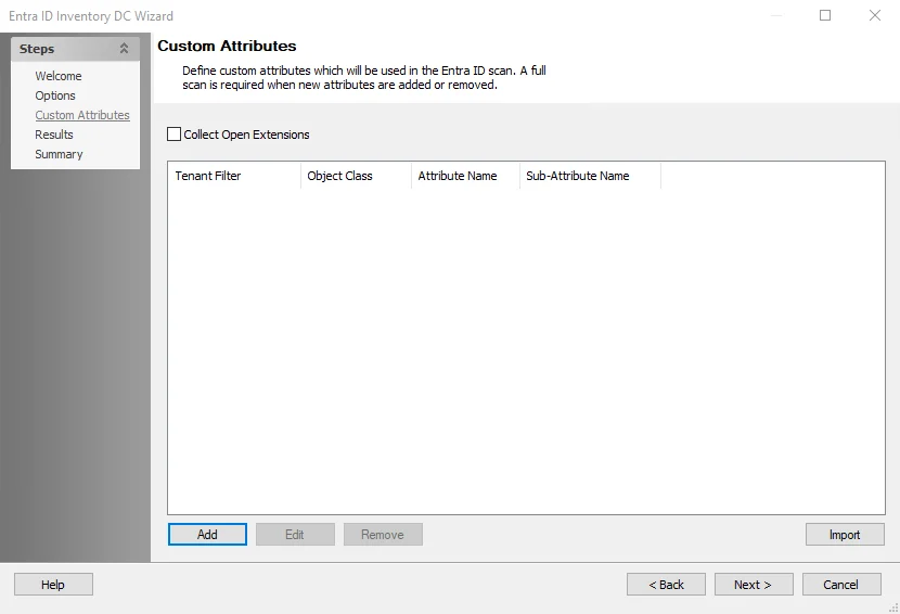 Entra ID Inventory DC Wizard Custom Attributes page