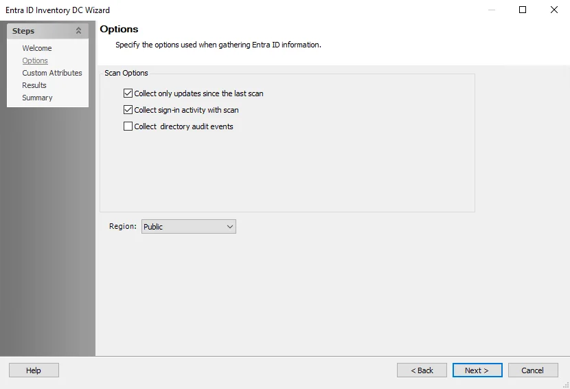 Entra ID Inventory DC Wizard Options page