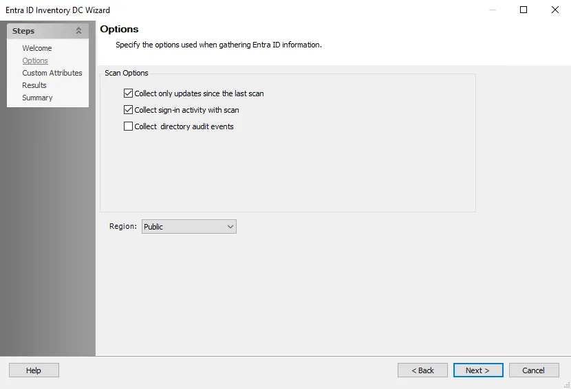 Entra ID Inventory DC Wizard Options page