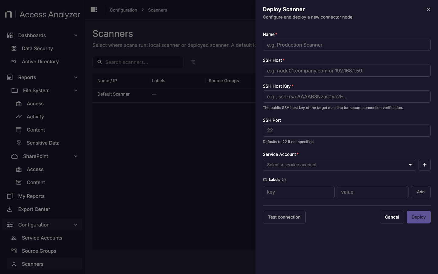 Deploy Scanner form showing fields for Name, SSH Host, SSH Host Key, SSH Port, Service Account, and Labels