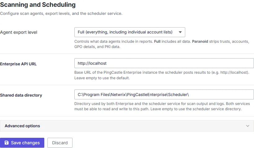 A screenshot of the Scanning and Scheduling settings tab, showing the Data path, Enterprise API URL, and Agent export level fields.
