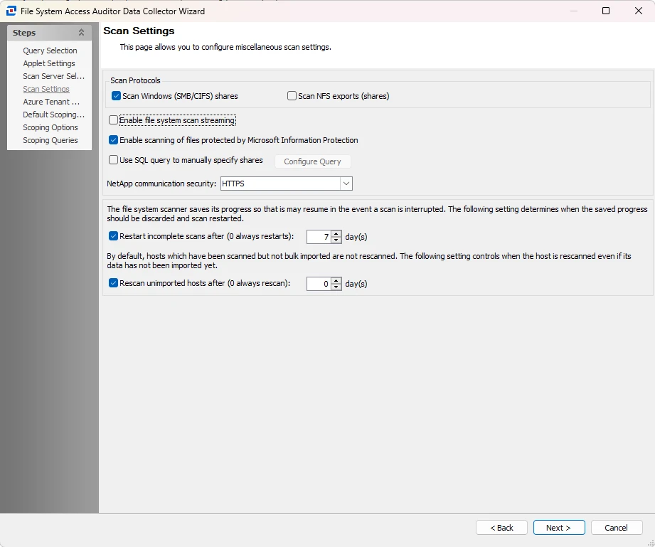 FSAA Data Collector Wizard Scan Settings page