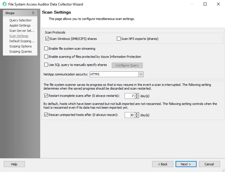 FSAA Data Collector Wizard Default Scoping Options page Scan Settings tab