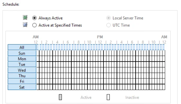 Schedule section in a policy set to Always Active