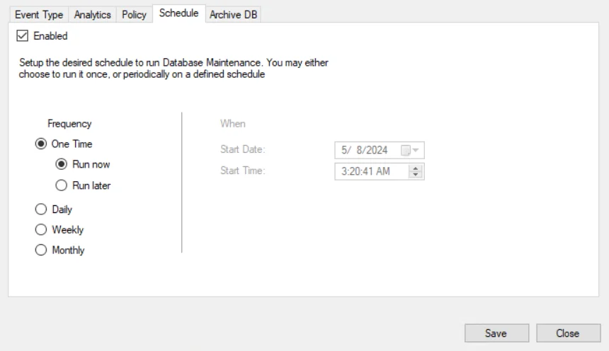 Database Maintenance window - Schedule tab