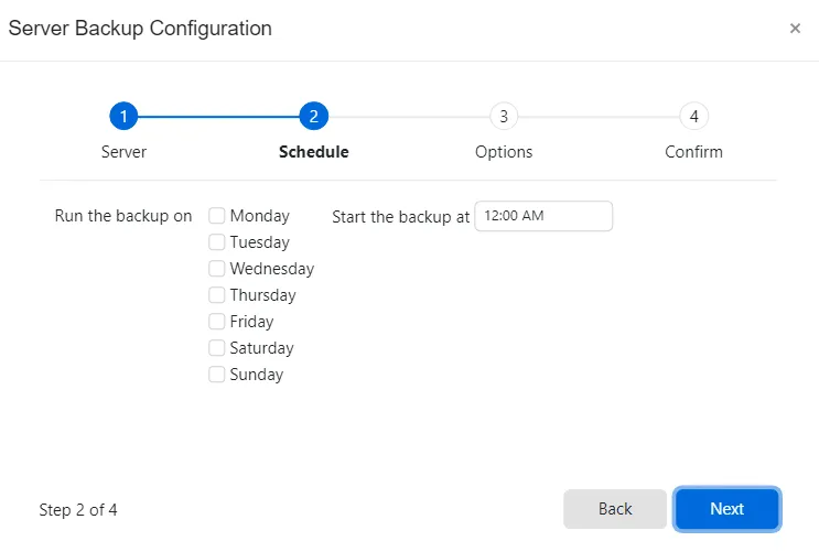 Server Backup Configuration wizard - Schedule page