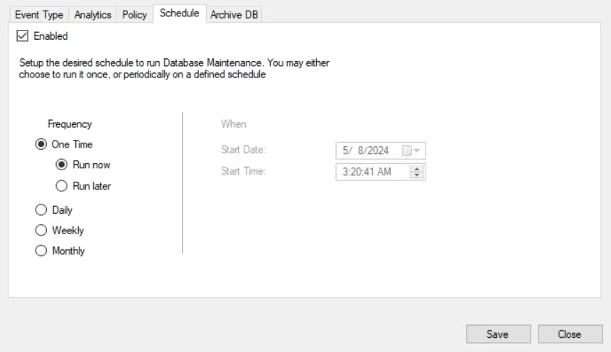 Database Maintenance window - Schedule tab