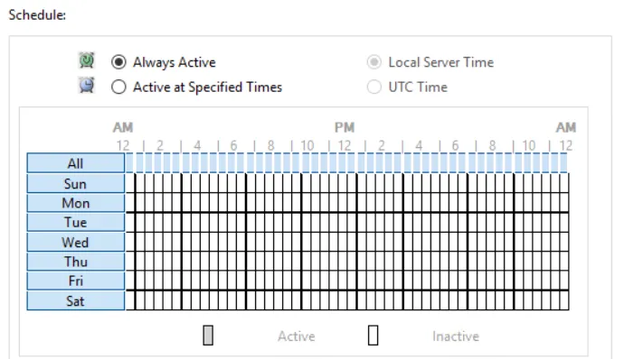 Schedule section in a policy set to Always Active