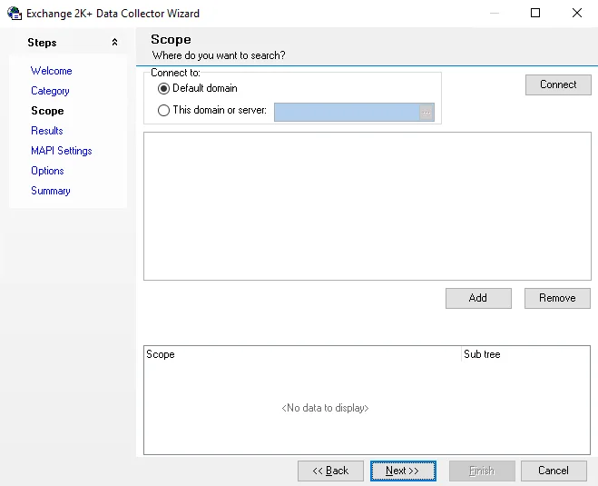 Exchange 2K+ Data Collector Wizard Scope page