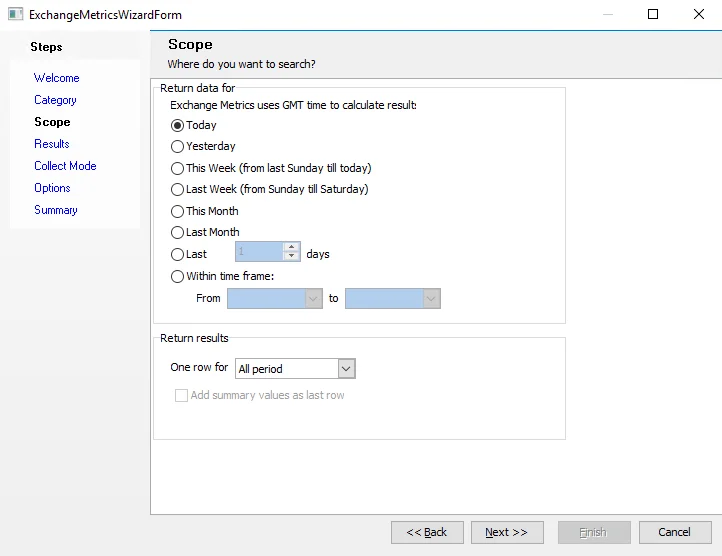Exchange Metrics Data Collector Wizard Scope page