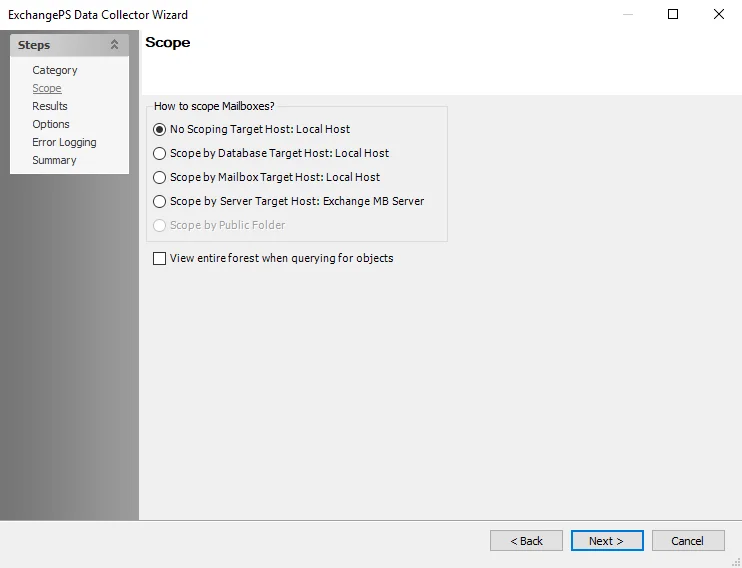 ExchangePS Data Collector Wizard Scope page