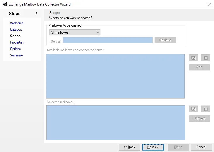 Exchange Mailbox Data Collector Wizard Scope page