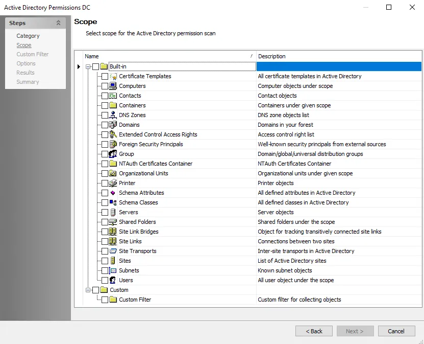 ADPermissions Data Collector wizard Scope page