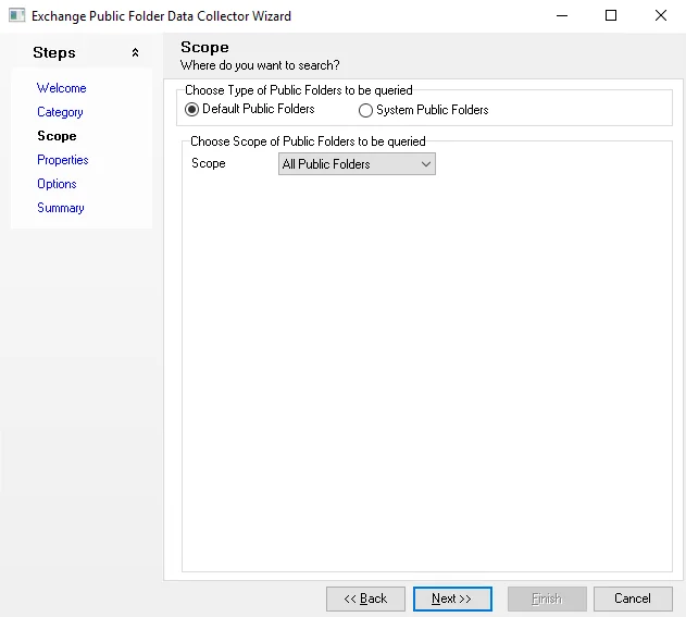 Exchange Public Folder Data Collector Wizard Scope page