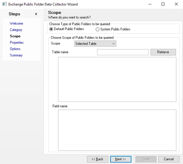 Scope page with Selected Table option selected