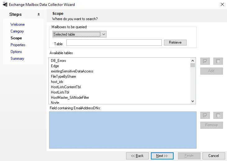 Scope page with Selected table selected