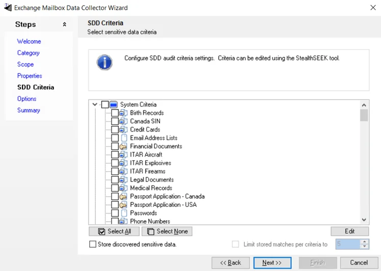 Exchange Mailbox Data Collector Wizard SDD Criteria page