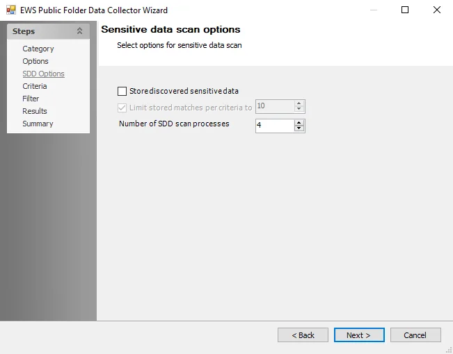EWS Public Folder Data Collector Wizard SDD Options page