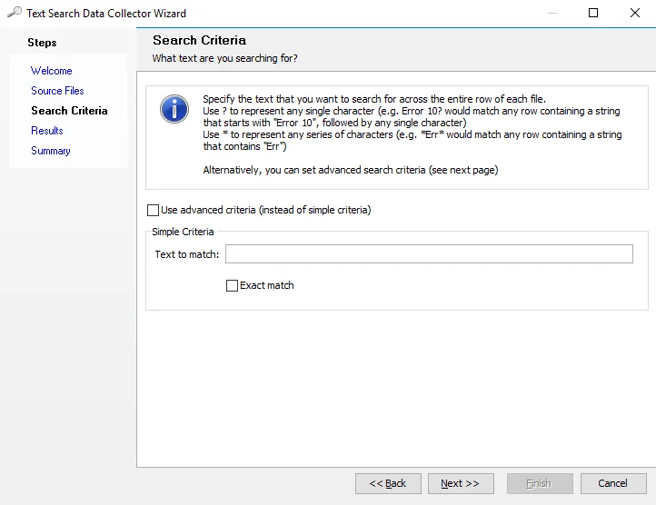 Text Search Data Collector Wizard Search Criteria page