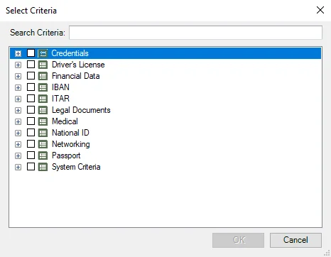 Sensitive Data Select Criteria window