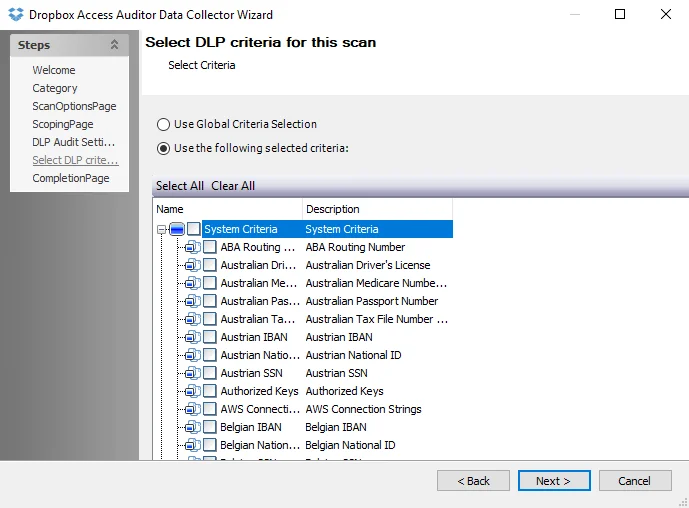 Dropbox Access Auditor Data Collector Wizard Select DLP criteria page