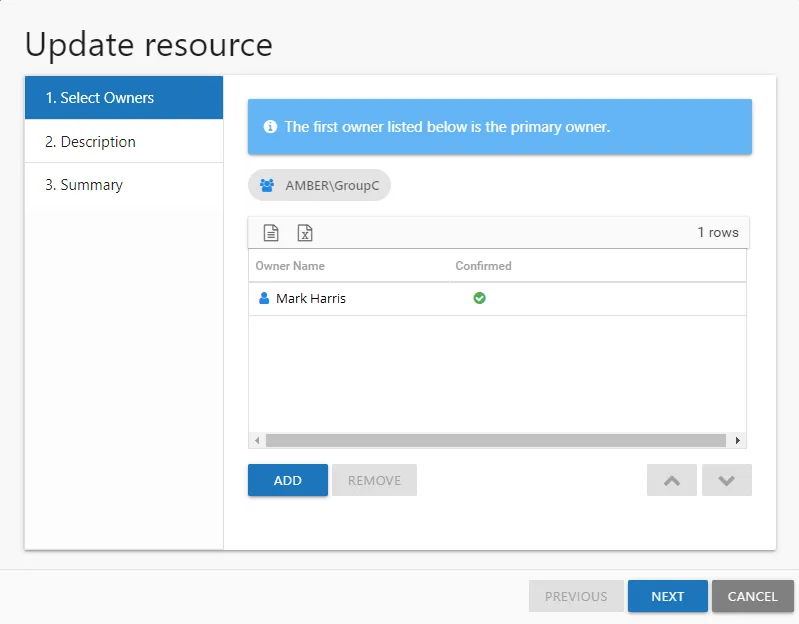 Update Resource wizard showing 1. Select Owners page
