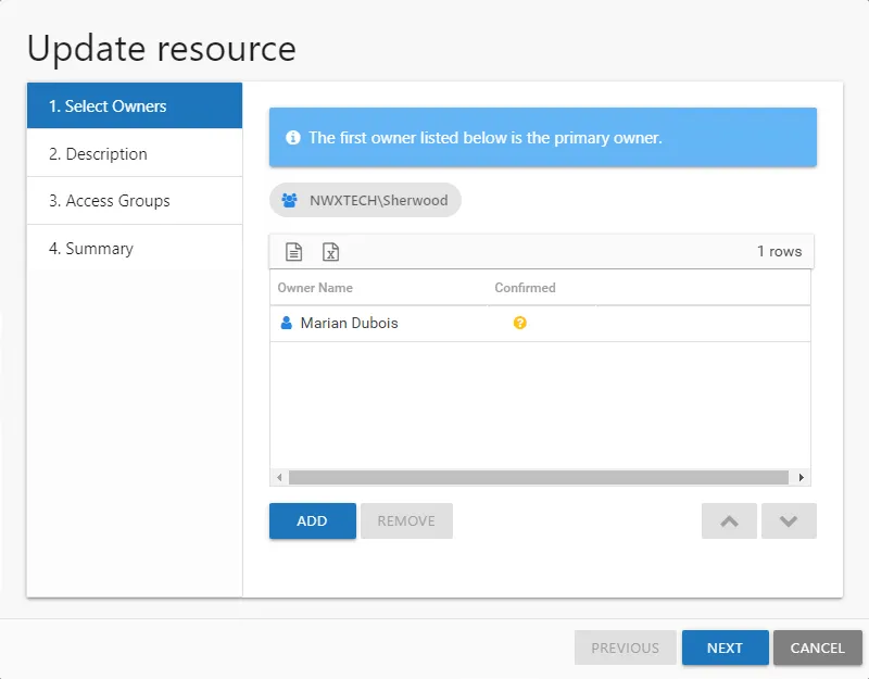 Update Resource wizard showing 1. Select Owners page