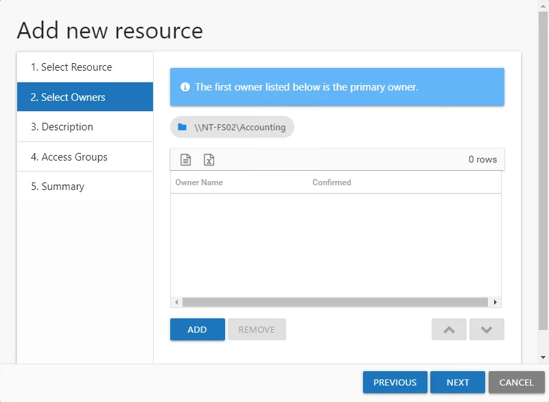 Add new resources wizard showing 2. Select Owners page