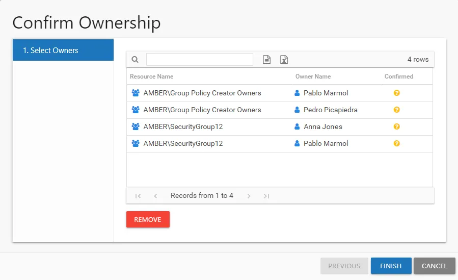 Confirm Ownership wizard showing 1.Select Owners page