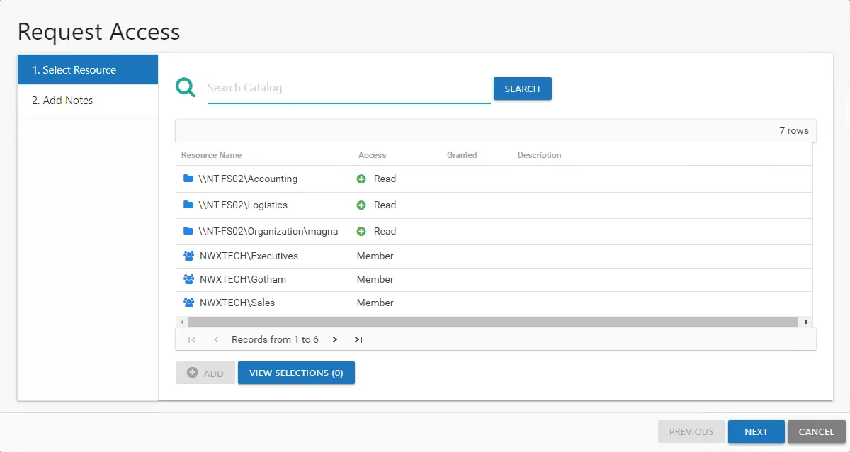 Request Access Wizard Select Resource page