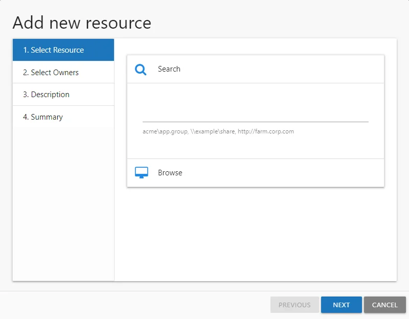Add new resource wizard showing 1. Select Resources page