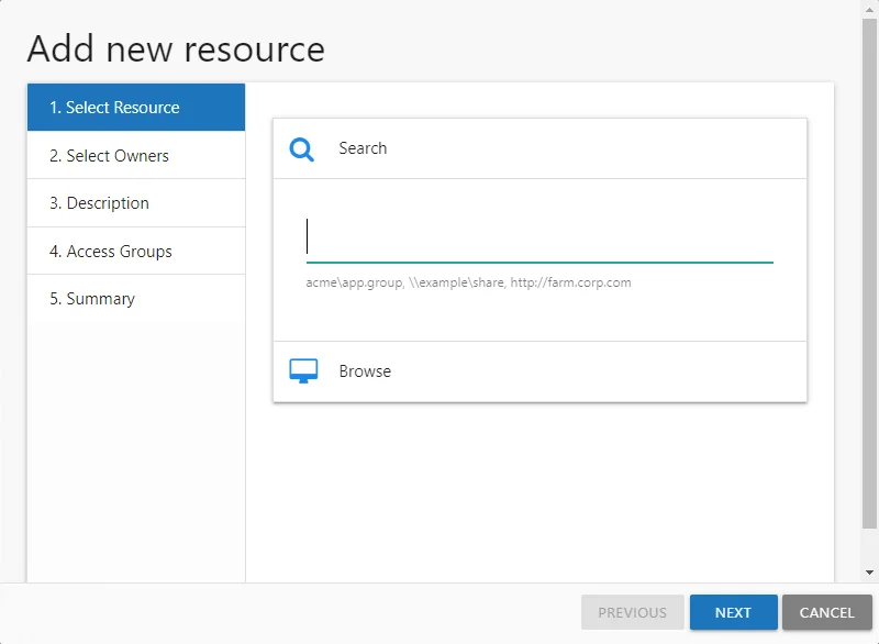 Add new resource wizard page showing 1. Select Resources page