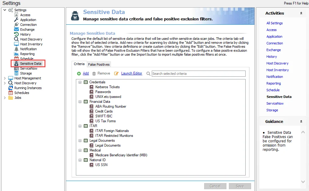 Sensitive Data settings