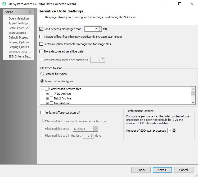 FSAA Data Collector Wizard Sensitive Data Settings page