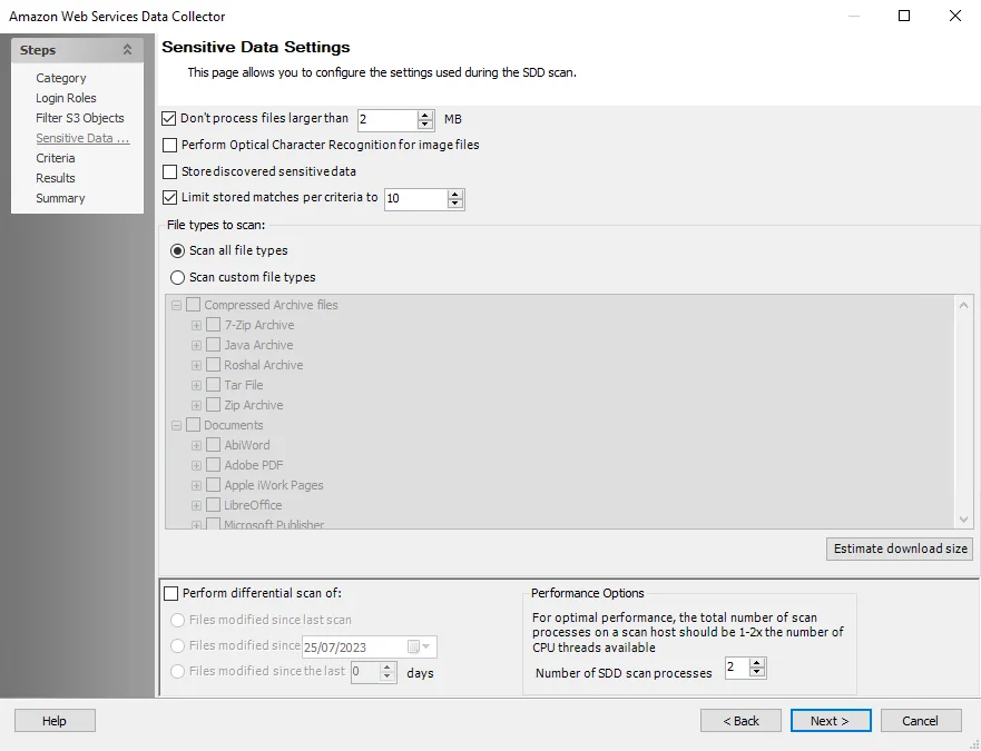 Sensitive Data Settings page