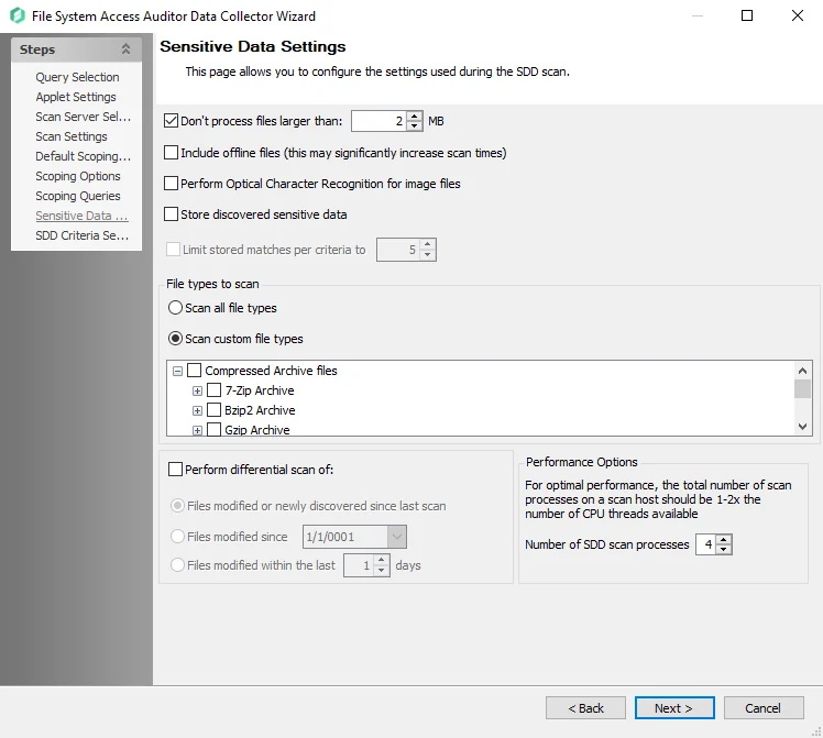 FSAA Data Collector Wizard Sensitive Data Settings page