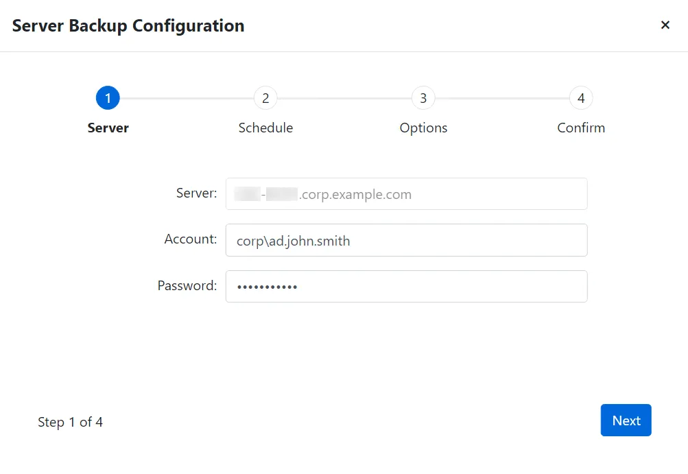 Server Backup Configuration Wizard - Server page