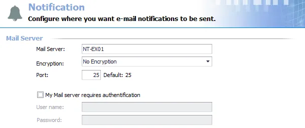 Mail Server settings on Notification page