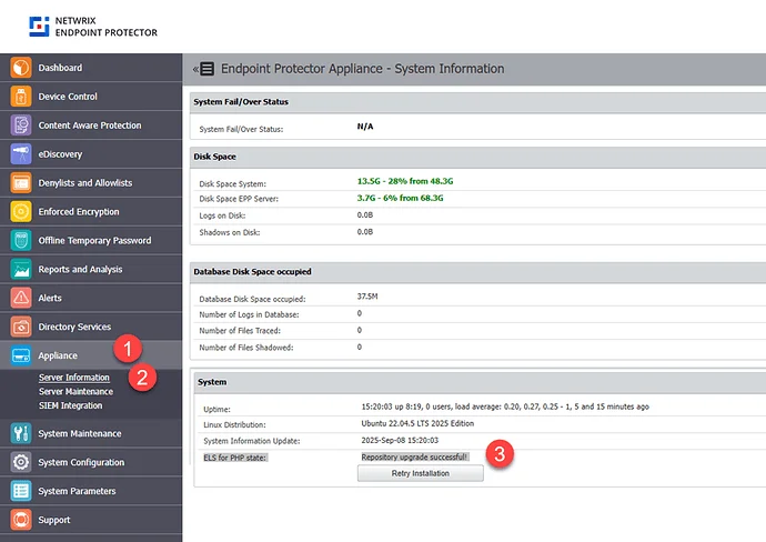 Appliance → Server Information on 2510 — version, ELS status, system health