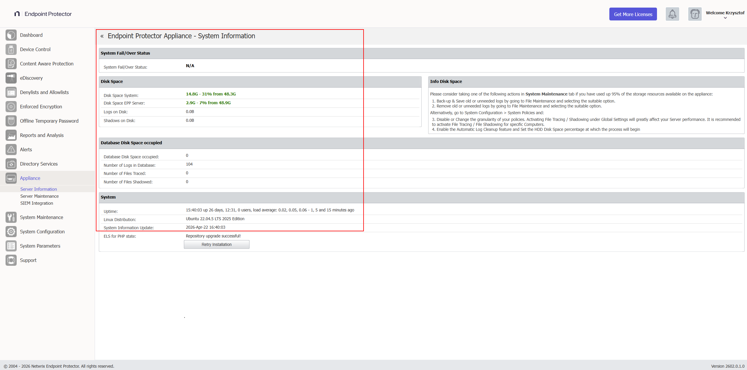 Appliance → Server Information — system health: version, disk usage, database size, CPU/RAM