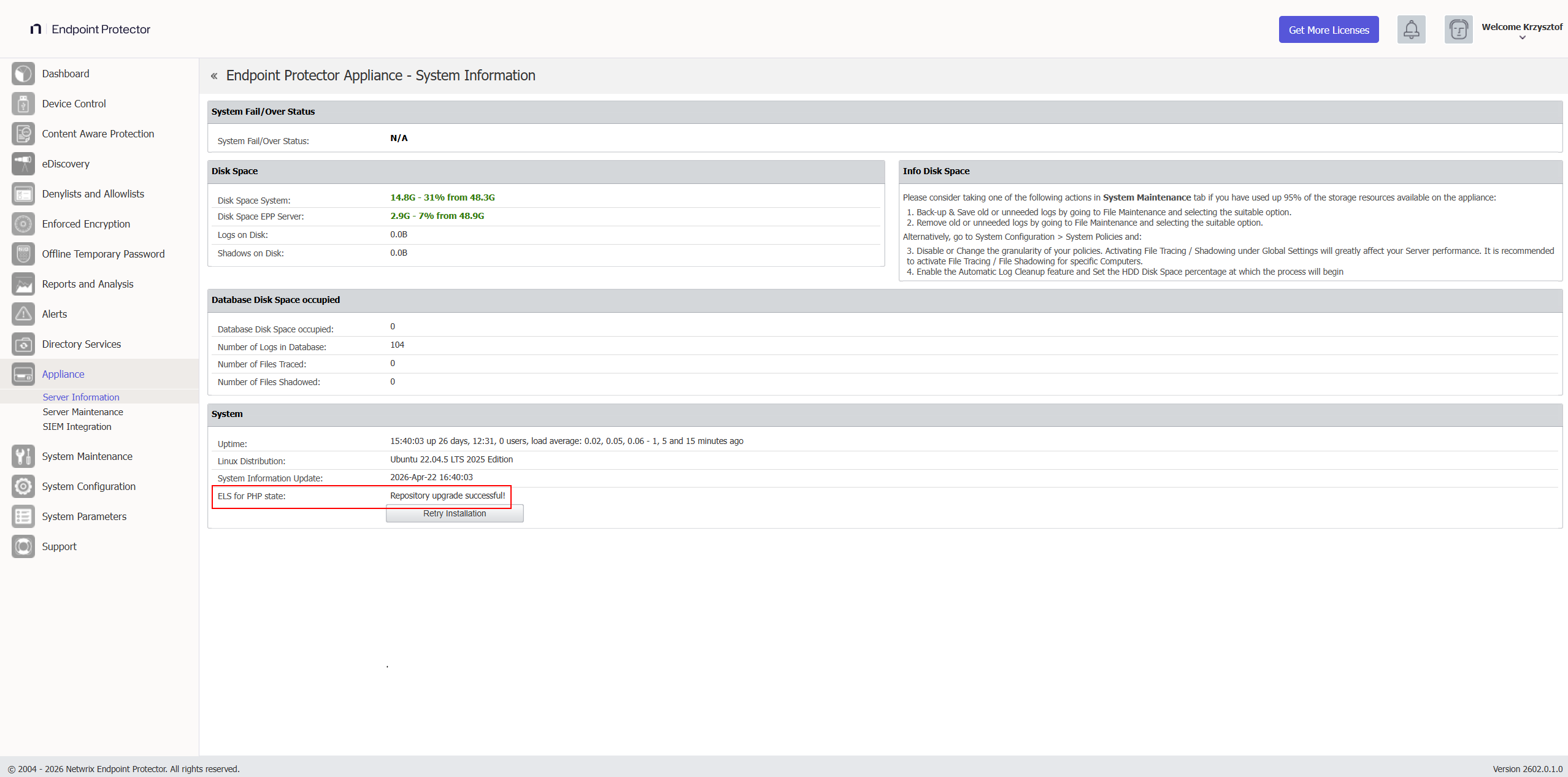 Appliance → Server Information — license