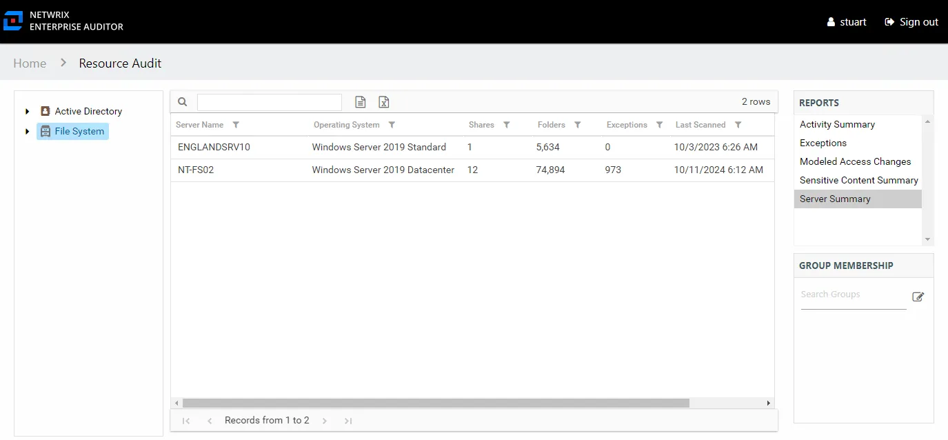 Server Summary report at the File System node