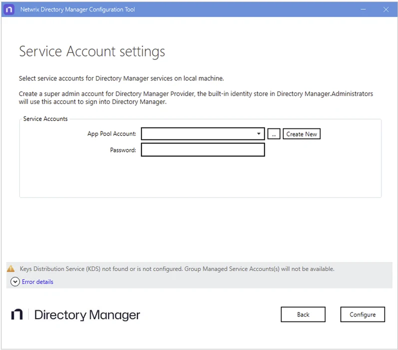 Service Account Settings page