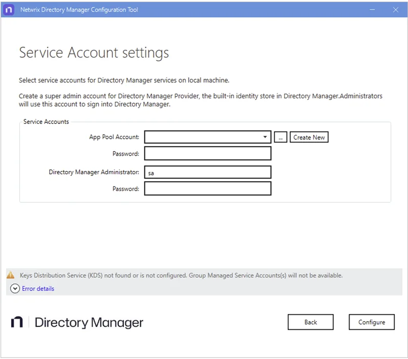 Service Account Setting page
