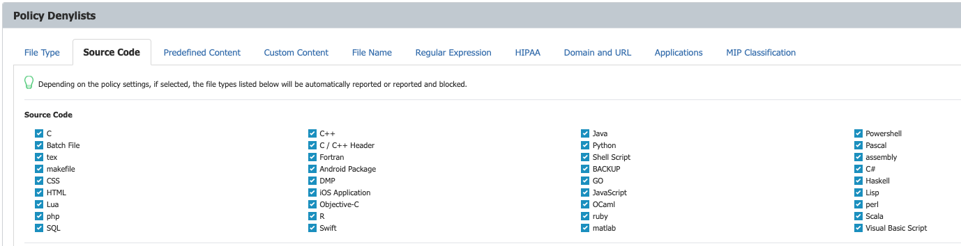 Selecting source code types in Content Aware Protection policy