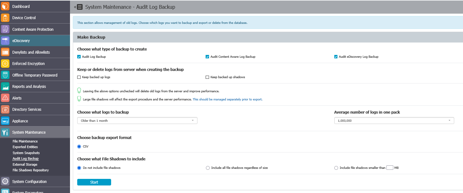 Manual Audit Log Backup section in Endpoint Protector