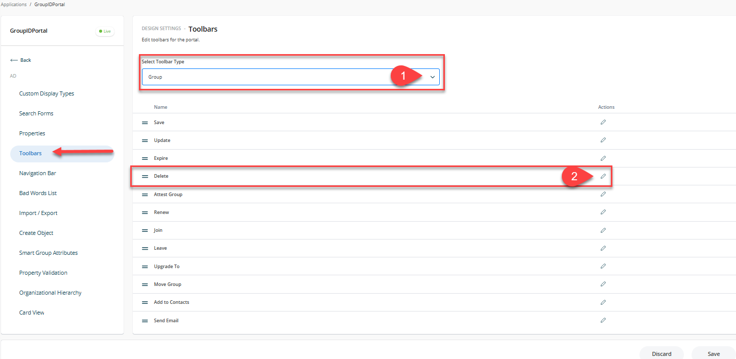 Editing Delete option in Groups toolbar