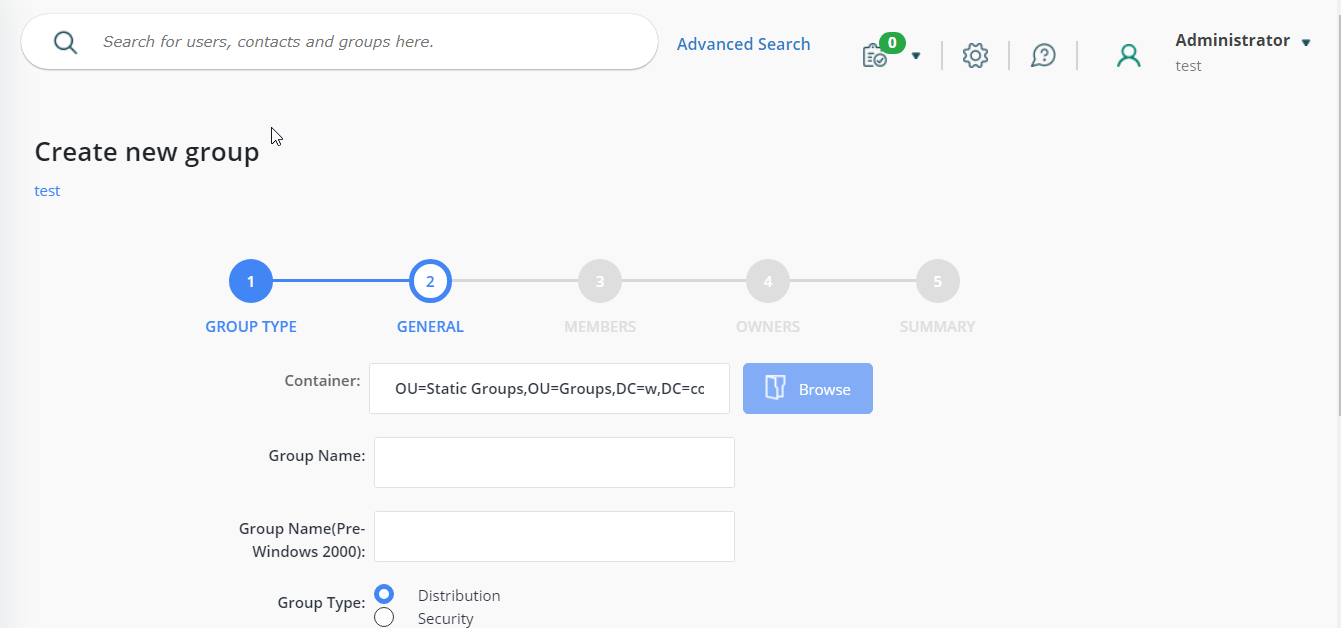 Container field disabled in Create Group wizard