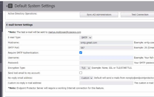 SMTP configuration for Gmail in Endpoint Protector