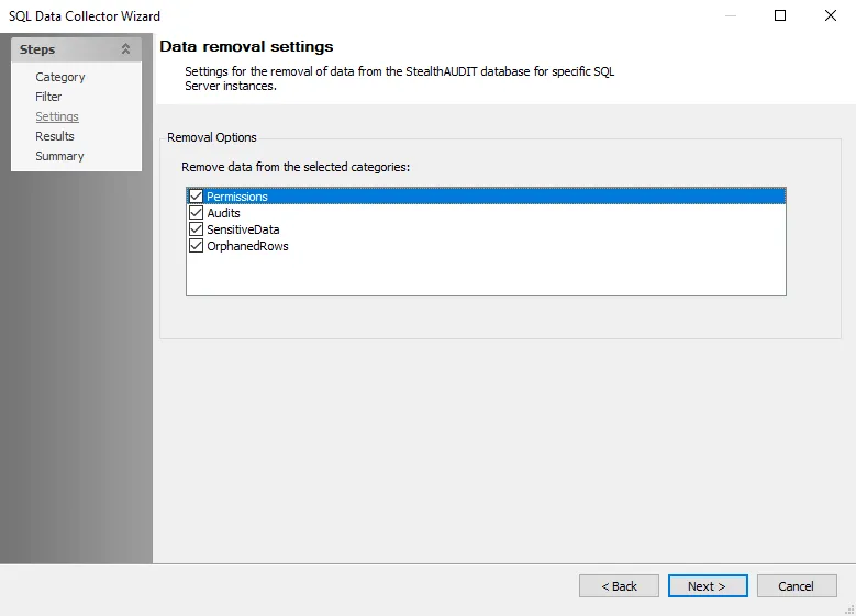 SQL Data Collector Wizard Data removal settings Page
